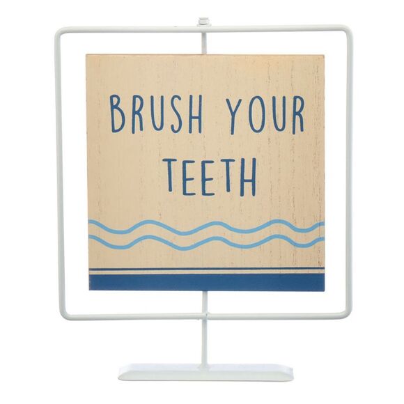 NWT Wash Your Hands Brush Your Teeth Bathroom Sign 2-Sided Metal Wood Decor Kids - Picture 2 of 6